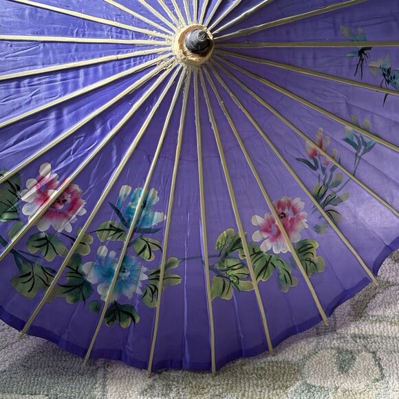 Vintage Hand Painted Japanese Chinese Bamboo Wood Umbrella Parasol - Picture 2 of 9